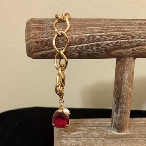 Monet Red Teardrop Crystal Charm Gold-Tone Chain Toggle Clasp Bracelet 6.5-6.75"